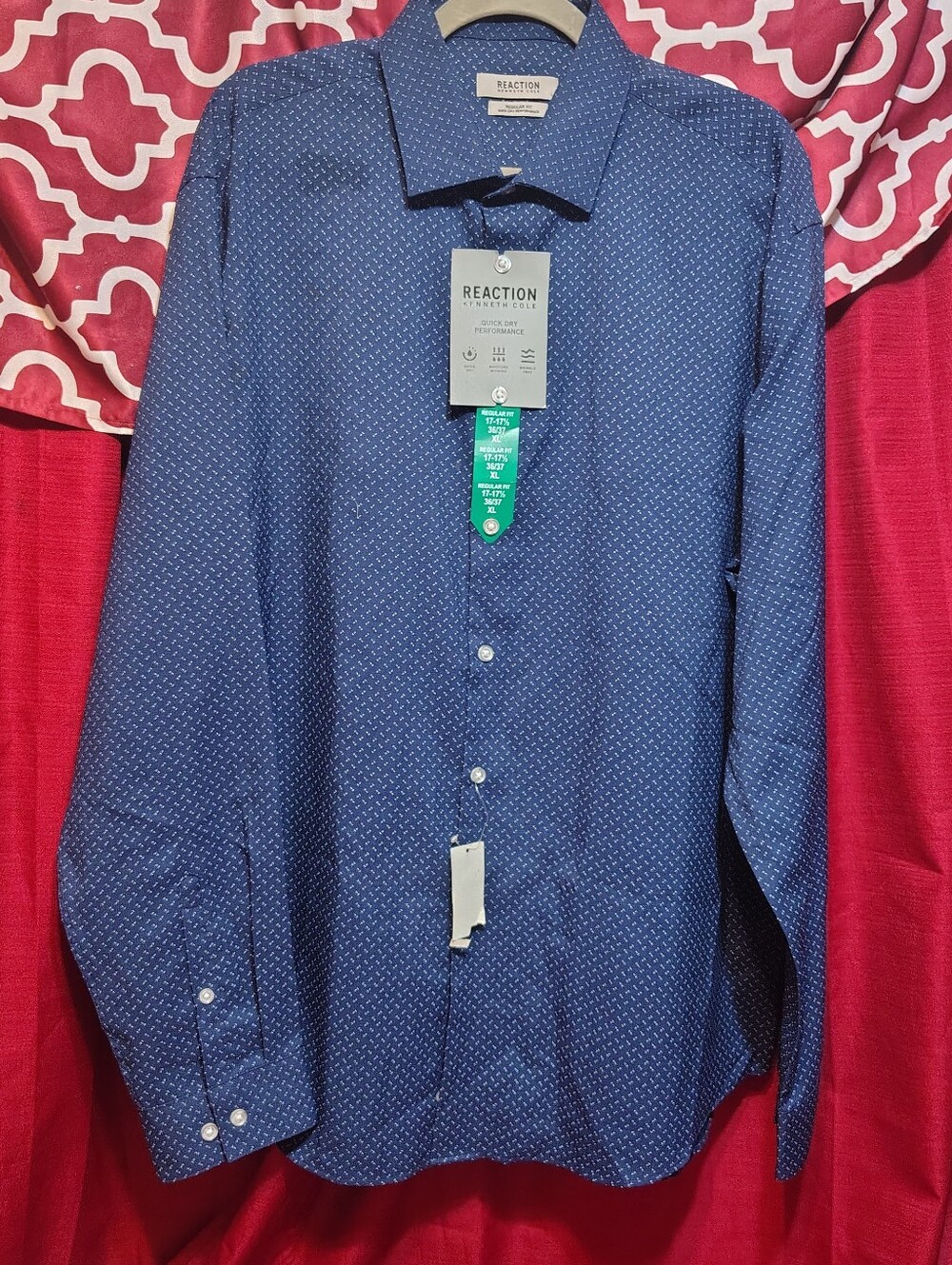 NWT Kenneth Cole Reaction Quick Dry Performance Dress Shirt XL Blue Printed